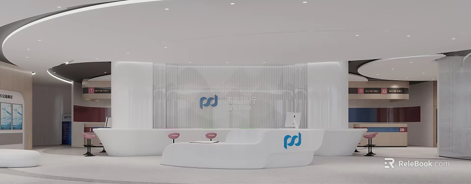 SPD Bank Modern Service Hall With White Reception Desk And Pink Chairs 3d model 