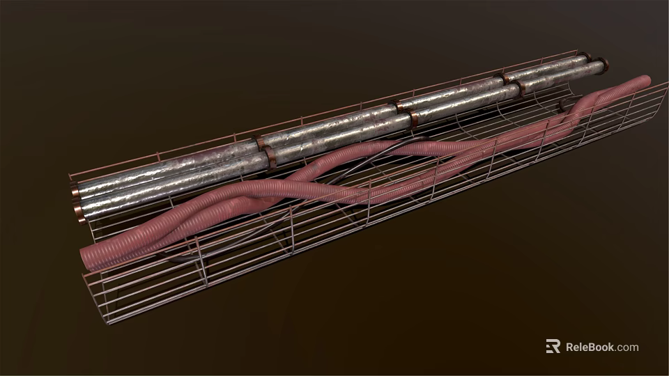 Metal Pipes And Red Hoses Arranged On Metal Grid Support Structure 3d model 