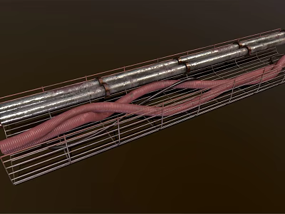 Metal Pipes And Red Hoses Arranged On Metal Grid Support Structure 3d model