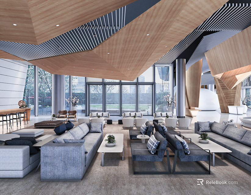 Modern Hotel Public Lounge Area With Comfortable Sofas Coffee Tables And Large Windows 3d model 