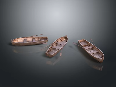Three Wooden Boats With Oars On Shiny Surface Against Dark Background 3d model