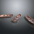Three Wooden Boats With Oars On Shiny Surface Against Dark Background