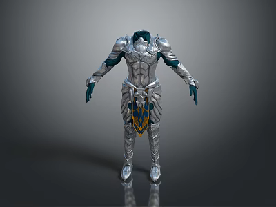 Silver Metallic Armor With Blue Accents And Golden Emblem 3d model