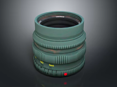 Professional Green Computer Camera Lens With Scale Markings And Red Button Design 3d model