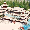 Scenic View of Traditional Ancient Chinese Architecture with Snow Capped Mountains Red Bridge and Stream