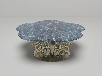 Modern Petal Shaped Coffee Table With Blue Marble Top And Metal Wire Base 3d model
