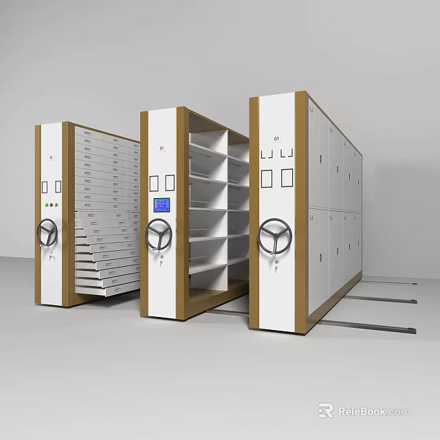 Modern Compact Storage Shelving Units With White Brown Panels And Control Handles 3d model 