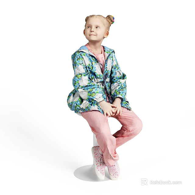 Woman in Blue Floral Jacket and Pink Pants Sitting on White Stool Against White Background 3d model 