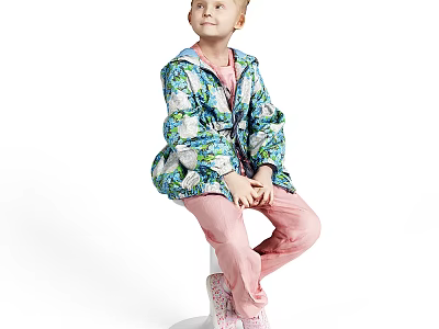 Woman in Blue Floral Jacket and Pink Pants Sitting on White Stool Against White Background 3d model