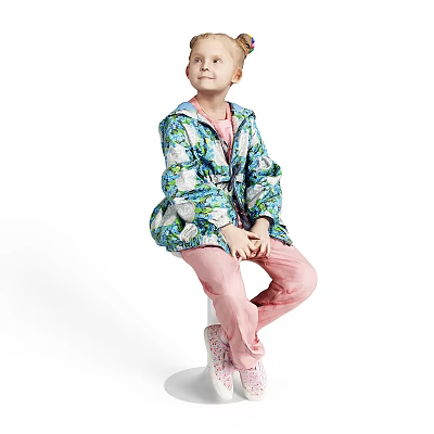 Woman in Blue Floral Jacket and Pink Pants Sitting on White Stool Against White Background 3d model