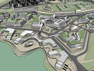 Modern Office Building Complex In Urban Planning With Green Spaces And Roads Layout 3d model