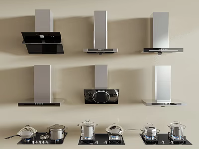 Kitchen Appliances Featuring Range Hoods Stovetops And Pots Arranged On Wall 3d model