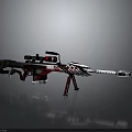 Modern Sniper Rifle Featuring Black Red White Color Scheme Scope And Tripod Stand