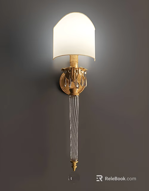 Golden Wall Lamp With White Lampshade Intricate Design And Silver Tassels On Dark Wall 3d model 