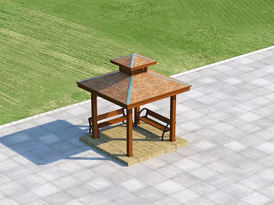Wooden Pergola With Tile Roof And Benches On Paved Patio Green Grass Area 3d model