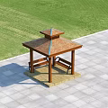 Wooden Pergola With Tile Roof And Benches On Paved Patio Green Grass Area