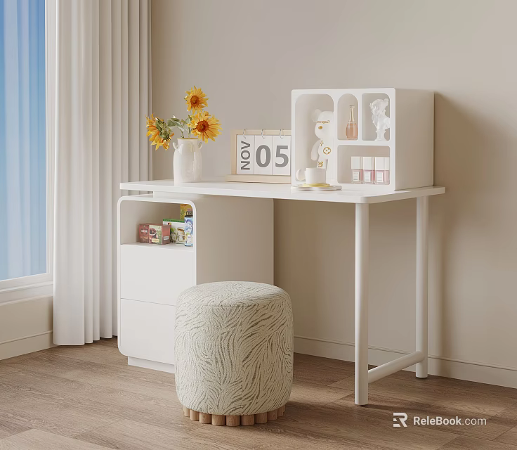 White Modern Dressing Table with Sunflowers Vase Calendar Decorations and Textured Stool 3d model