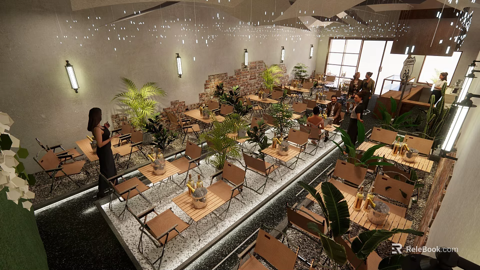 Modern Restaurant Interior With Wooden Tables Green Plants And Hanging Lights 3d model 
