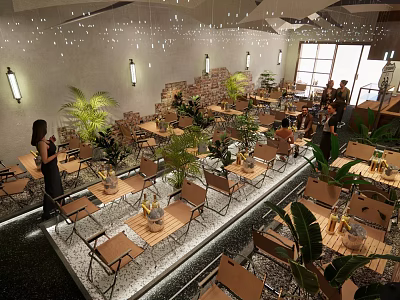 Modern Restaurant Interior With Wooden Tables Green Plants And Hanging Lights 3d model