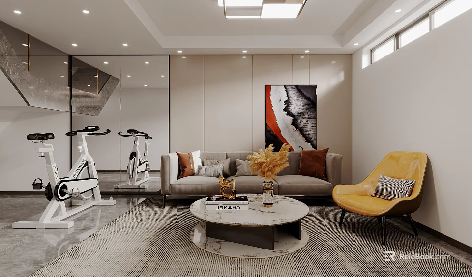 Cozy Entertainment Room With Exercise Bikes Sofa Accent Chair Coffee Table And Artwork 3d model 