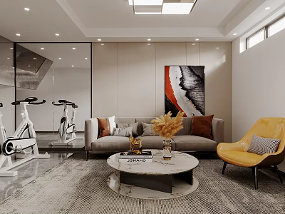 Cozy Entertainment Room With Exercise Bikes Sofa Accent Chair Coffee Table And Artwork 3d model