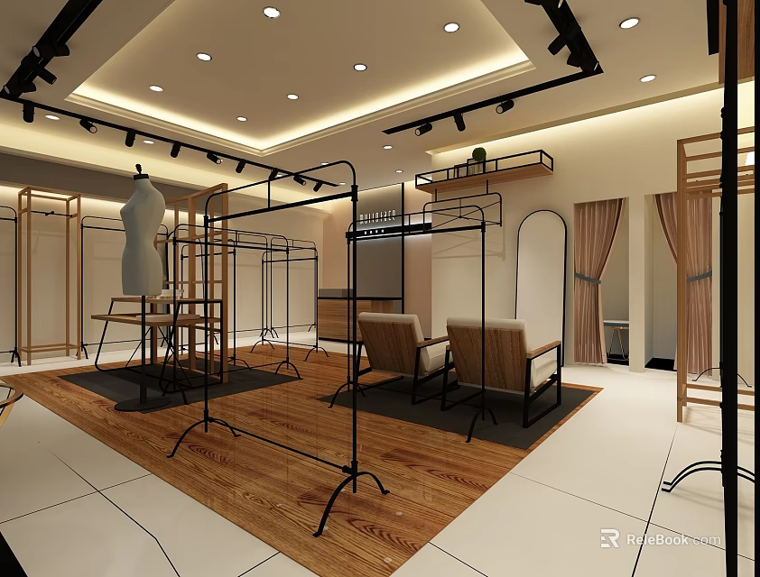 Modern Clothing Store Interior With Clothing Racks Seats And Wooden Floor 3d model 
