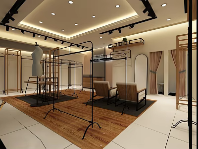 Modern Clothing Store Interior With Clothing Racks Seats And Wooden Floor 3d model