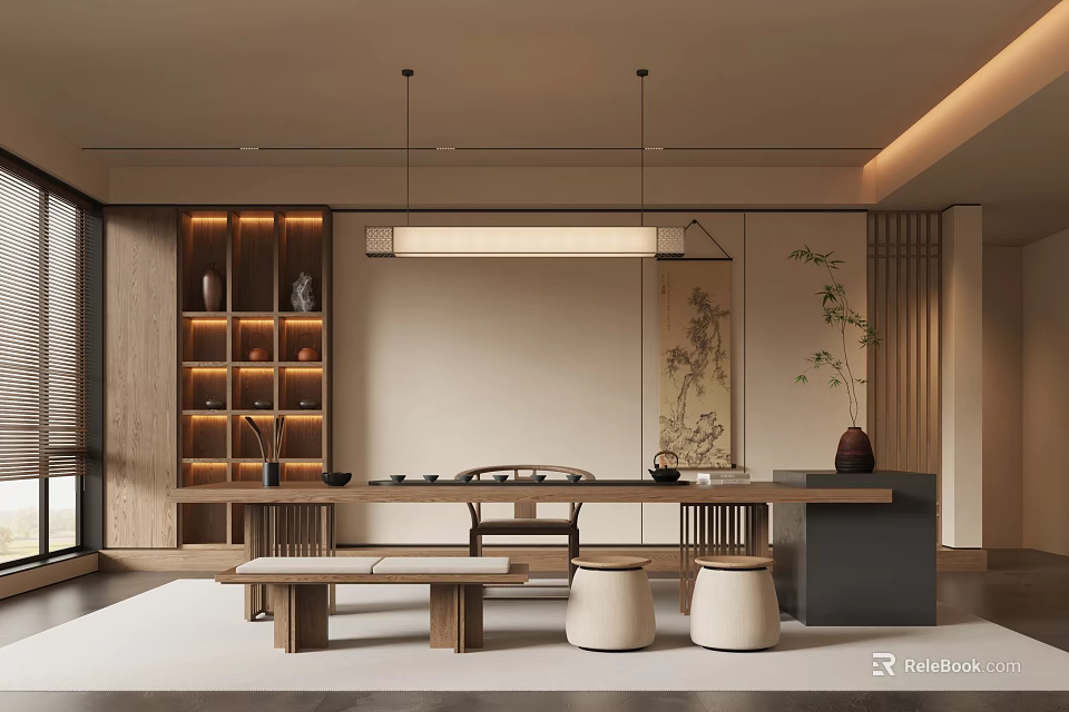 Traditional Tea Room Interior Design With Wooden Table Stools Tea Sets Shelves And Green Plants 3d model 