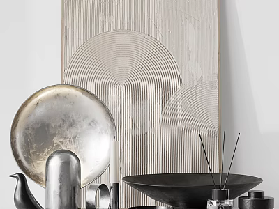 Modern Metallic Decorative Ornament Set With Black Bowl Incense Sticks And Geometric Artwork 3d model