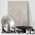 Modern Metallic Decorative Ornament Set With Black Bowl Incense Sticks And Geometric Artwork