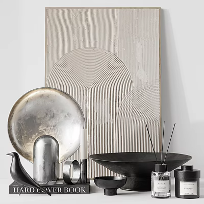 Modern Metallic Decorative Ornament Set With Black Bowl Incense Sticks And Geometric Artwork 3d model