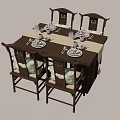 Traditional Chinese Wooden Dining Table And Chair Set With Cushioned Seats And Tableware