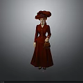 Woman in Red Long Dress With Red Large Hat Holding Brown Handbag Against Gray Background