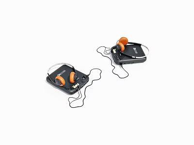 Two Black Audio Devices With Orange Headphones And Connected Cables 3d model