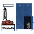 Blue Storage Lockers With Hanging Jacket Red Duffel Bag And Shoes
