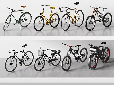 Assorted Style Bicycles In Different Colors Showcased On Display Shelf 3d model