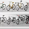 Assorted Style Bicycles In Different Colors Showcased On Display Shelf 3d model