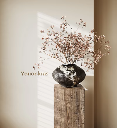 Elegant Black White Ceramic Vase With Dried Small Pink Flowers On Wooden Pedestal 3d model