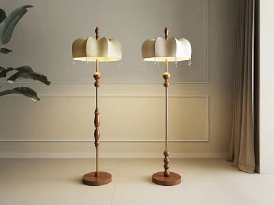 Two Modern Floor Lamps with Wooden Poles Decorative Balls and Light Lampshades in Minimalist Interior 3d model