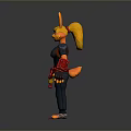 3D Rendered Rabbit Woman Wearing Black Red Combat Suit with Yellow Ears Standing Gray Background