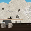 Dining Table Set With Stump Stools Circular Pattern Wall Hanging Light And White Tree