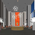 Modern Hotel Lobby Interior With Chandeliers Round Reception Desk And Green Plants