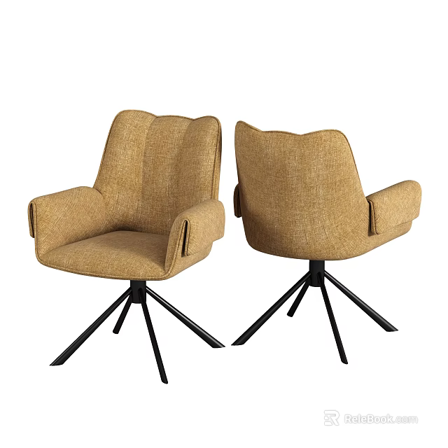 Modern Brown Fabric Dining Chairs with Armrests and Black Three Legged Base 3d model
