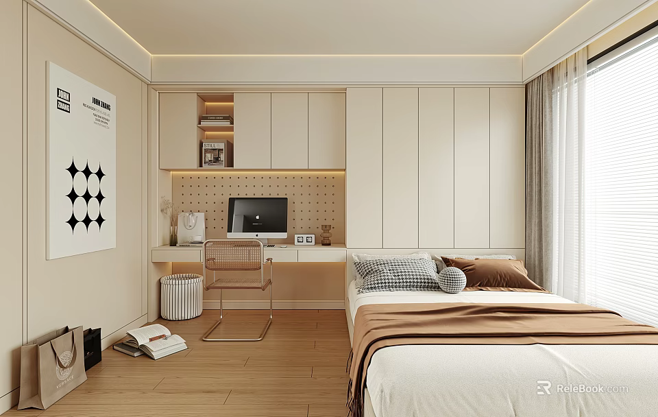 Modern Tatami Bedroom Interior Design With Desk Computer Shelves Window And Cozy Bedding 3d model 