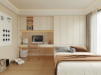 Modern Tatami Bedroom Interior Design With Desk Computer Shelves Window And Cozy Bedding 3d model