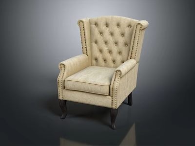 Single Sofa with Beige Fabric Tufted Backrest Curved Armrests and Dark Wooden Legs 3d model