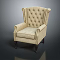 Single Sofa with Beige Fabric Tufted Backrest Curved Armrests and Dark Wooden Legs