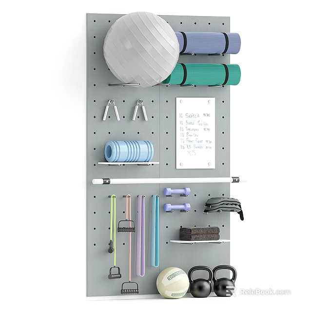 Organized Home Gym Sports Equipment With Yoga Ball Mats Dumbbells Resistance Bands on Wall 3d model 