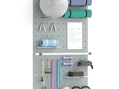 Organized Home Gym Sports Equipment With Yoga Ball Mats Dumbbells Resistance Bands on Wall 3d model