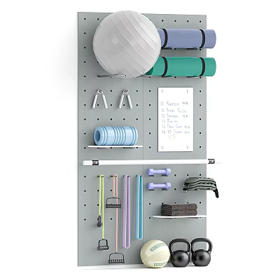 Organized Home Gym Sports Equipment With Yoga Ball Mats Dumbbells Resistance Bands on Wall 3d model
